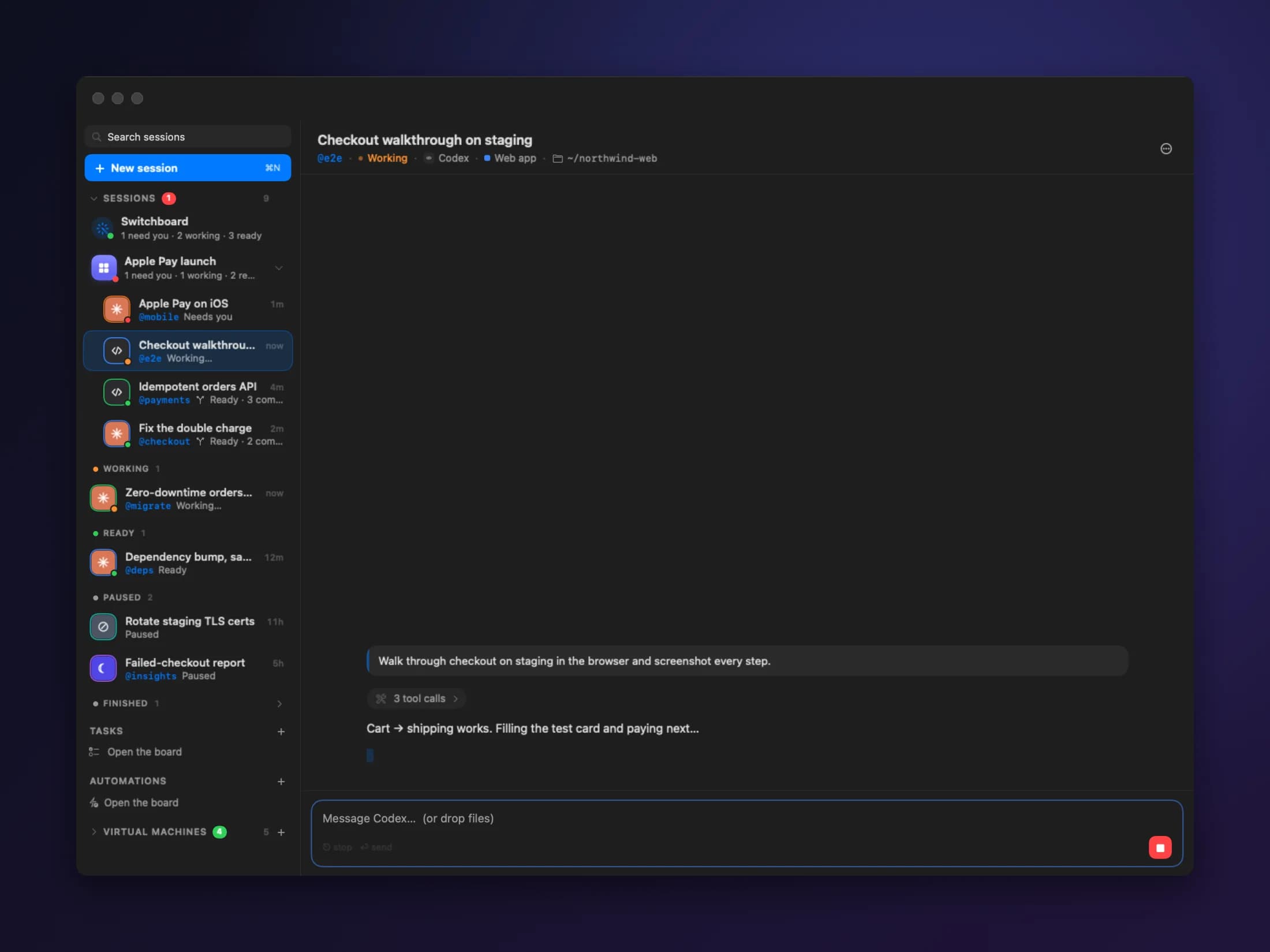 A Bromure session with the built-in browser open beside the agent, walking through the checkout on staging