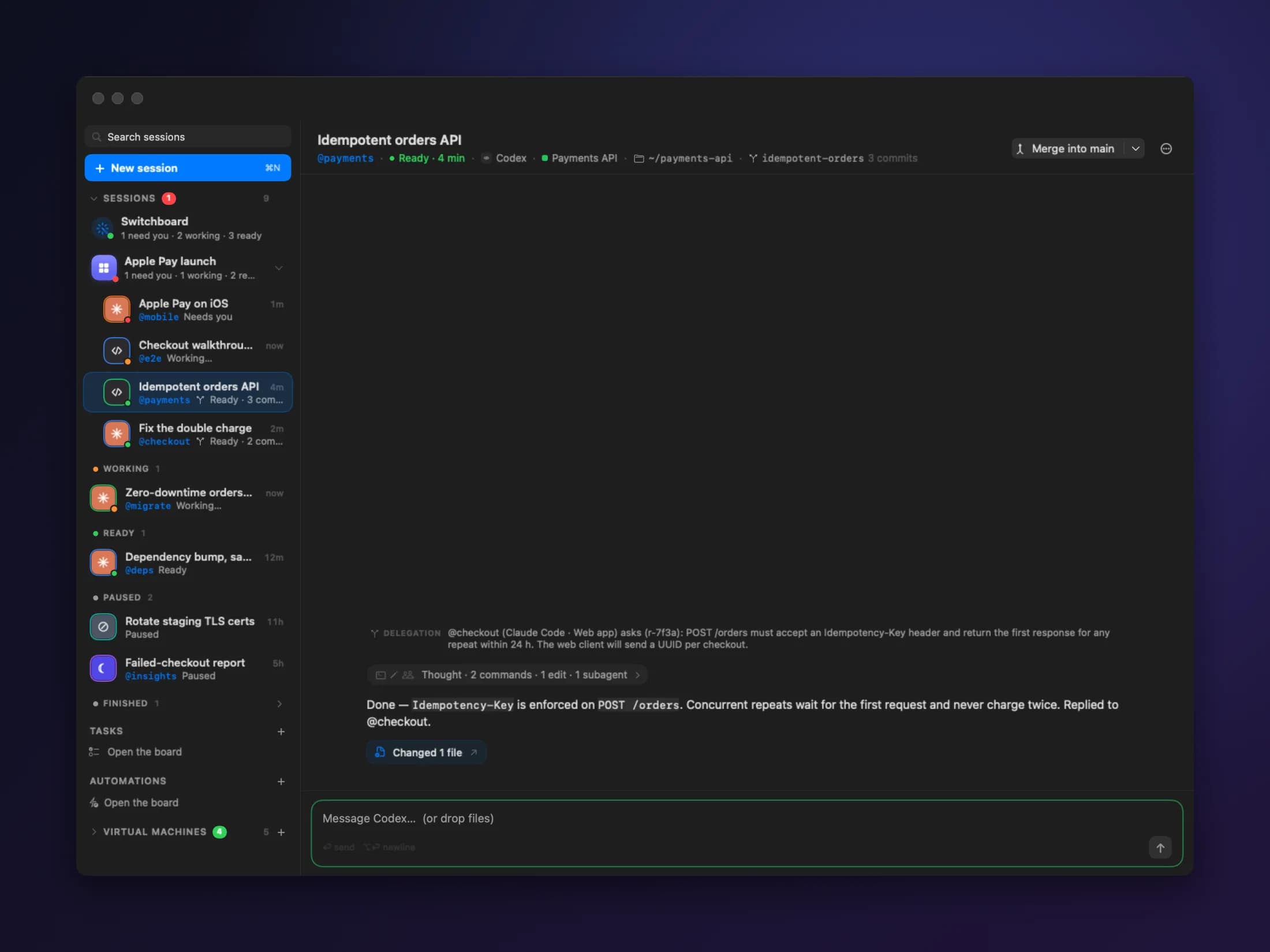 The @payments Codex session answering @checkout with the POST /orders contract, ready to merge into main