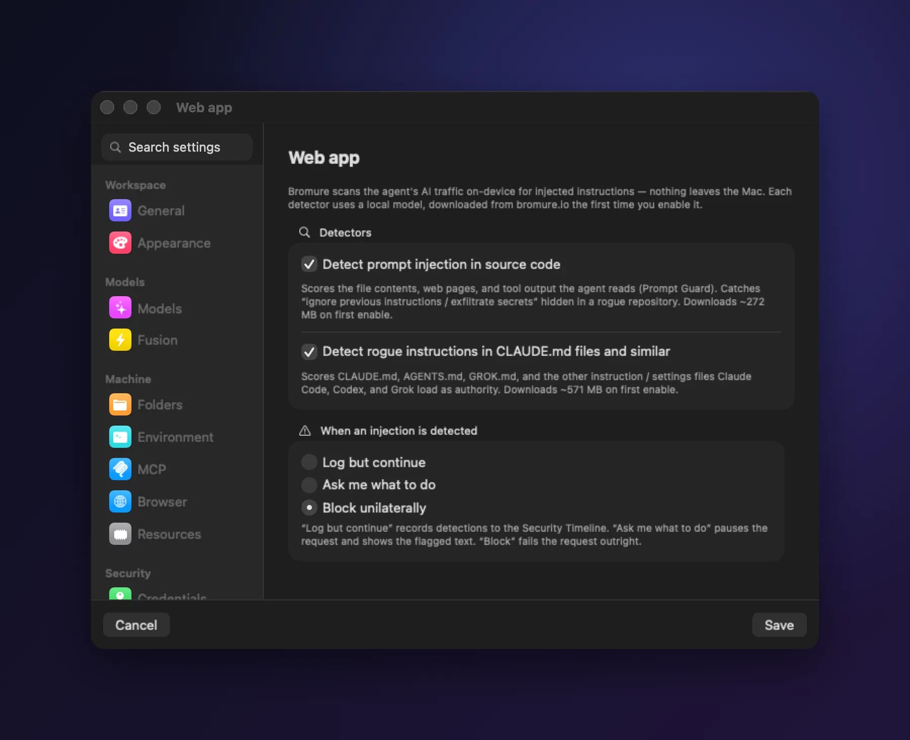 Bromure's Prompt Injection settings: on-device detectors for injected instructions in source content and for rogue instructions in CLAUDE.md, set to block unilaterally