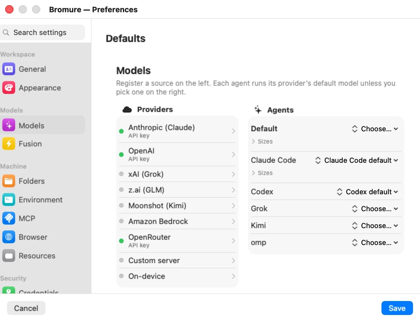 Bromure's Models board: providers on the left — Anthropic, OpenAI, xAI, z.ai, Moonshot, Amazon Bedrock, OpenRouter, a custom server and on-device — and a model choice per agent on the right
