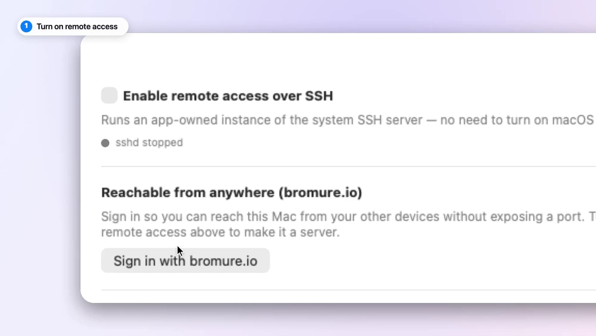 Bromure's Remote Access settings with SSH enabled and the machine reachable to the Pothos & Co. devices through bromure.io