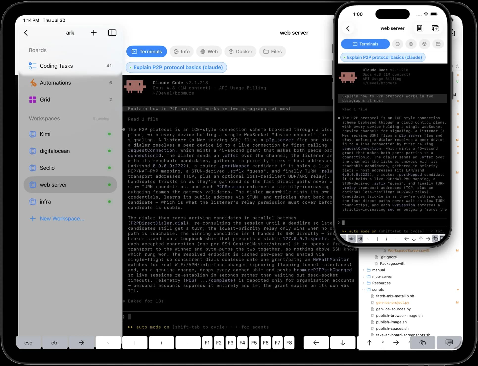 Bromure on an iPad and an iPhone showing the same live Claude Code session running on a remote Mac
