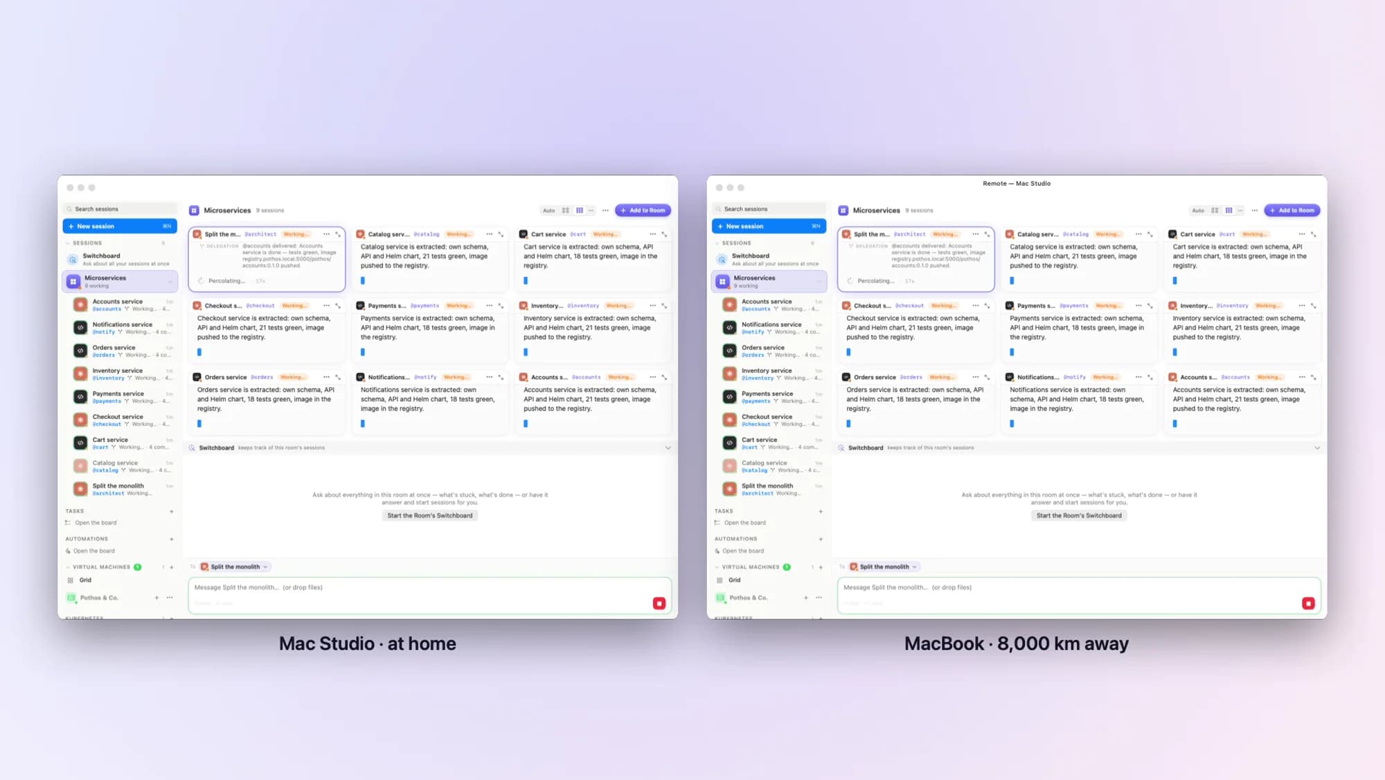 The same Bromure window on two machines side by side — a Mac Studio at home and a MacBook 8,000 km away, showing identical rooms and sessions