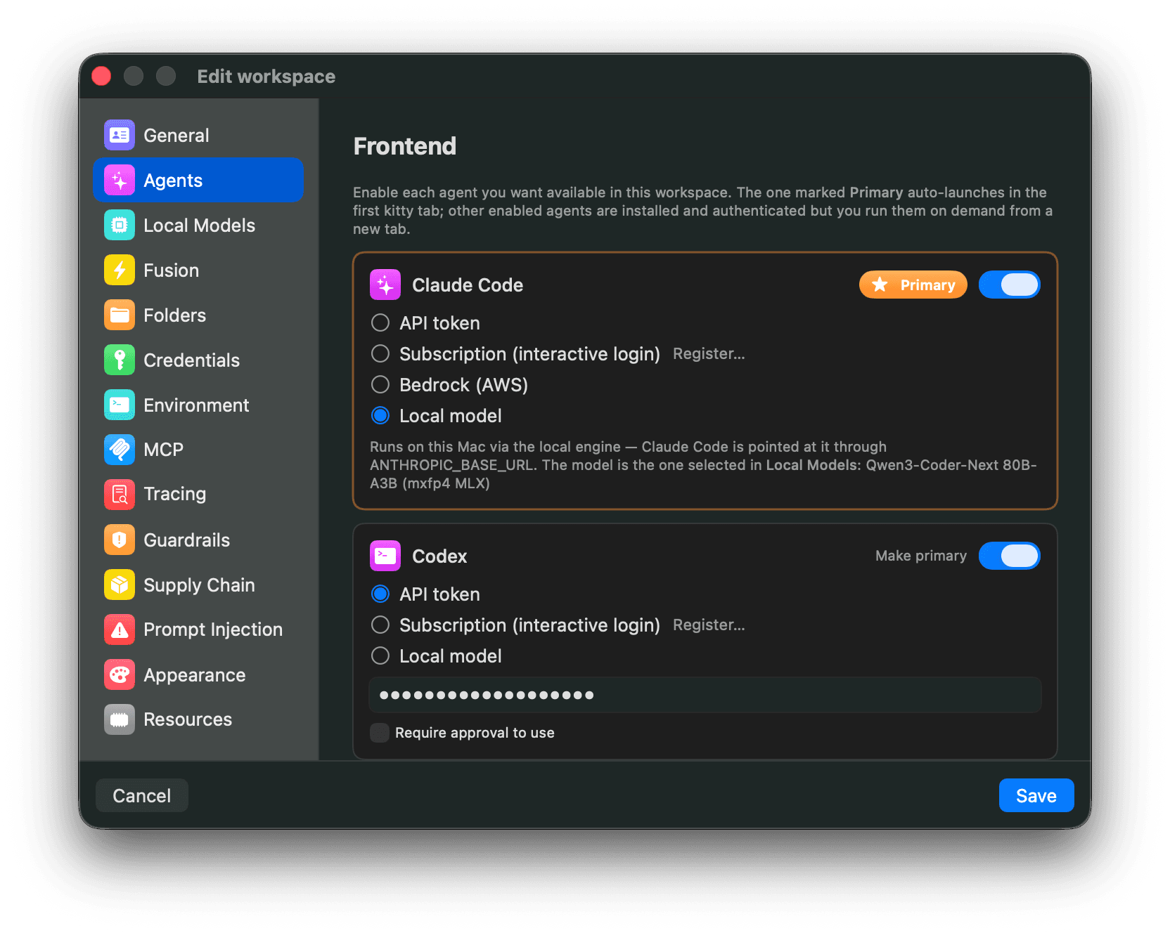 Bromure Agentic Coding Agents panel: enable Claude Code, Codex, or Grok per workspace and pick how each one authenticates — API token, subscription, Bedrock, or a local model