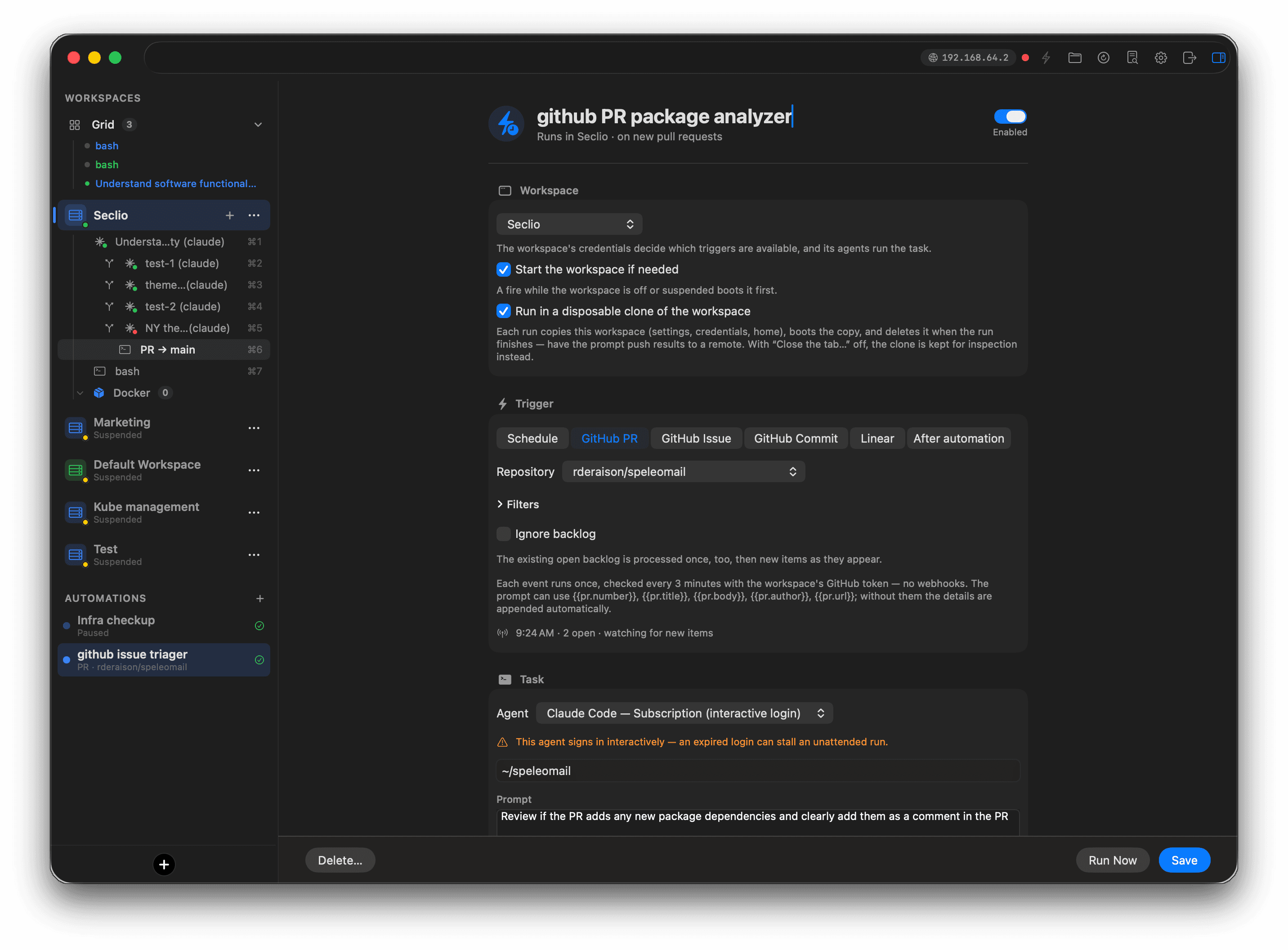 Bromure Agentic Coding automation editor: a GitHub pull-request trigger watching a repository, set to run Claude Code in a disposable clone of the workspace
