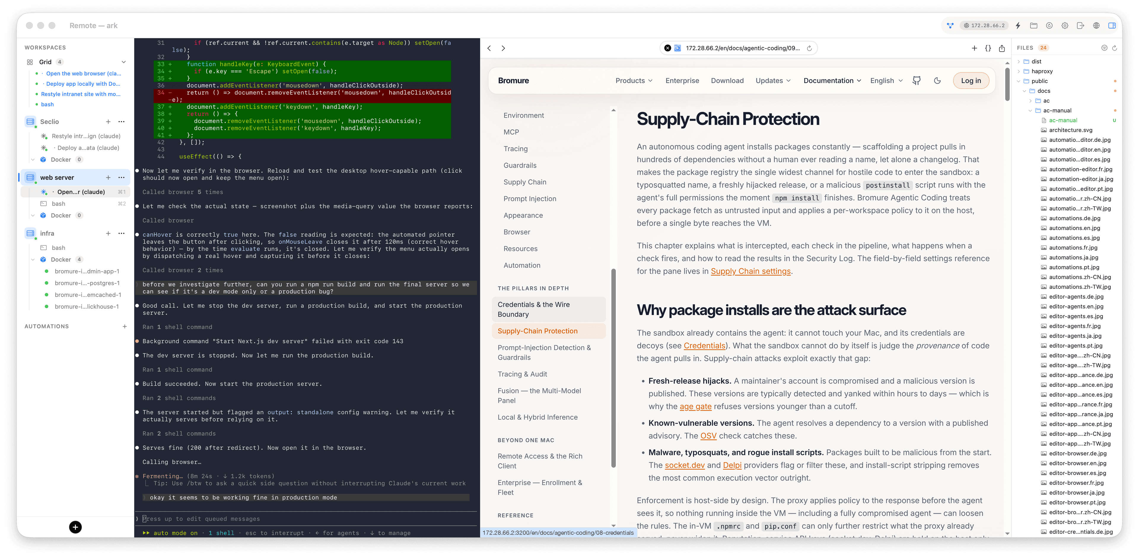 Bromure Agentic Coding with a coding agent, its built-in web browser, and workspace files together in one window