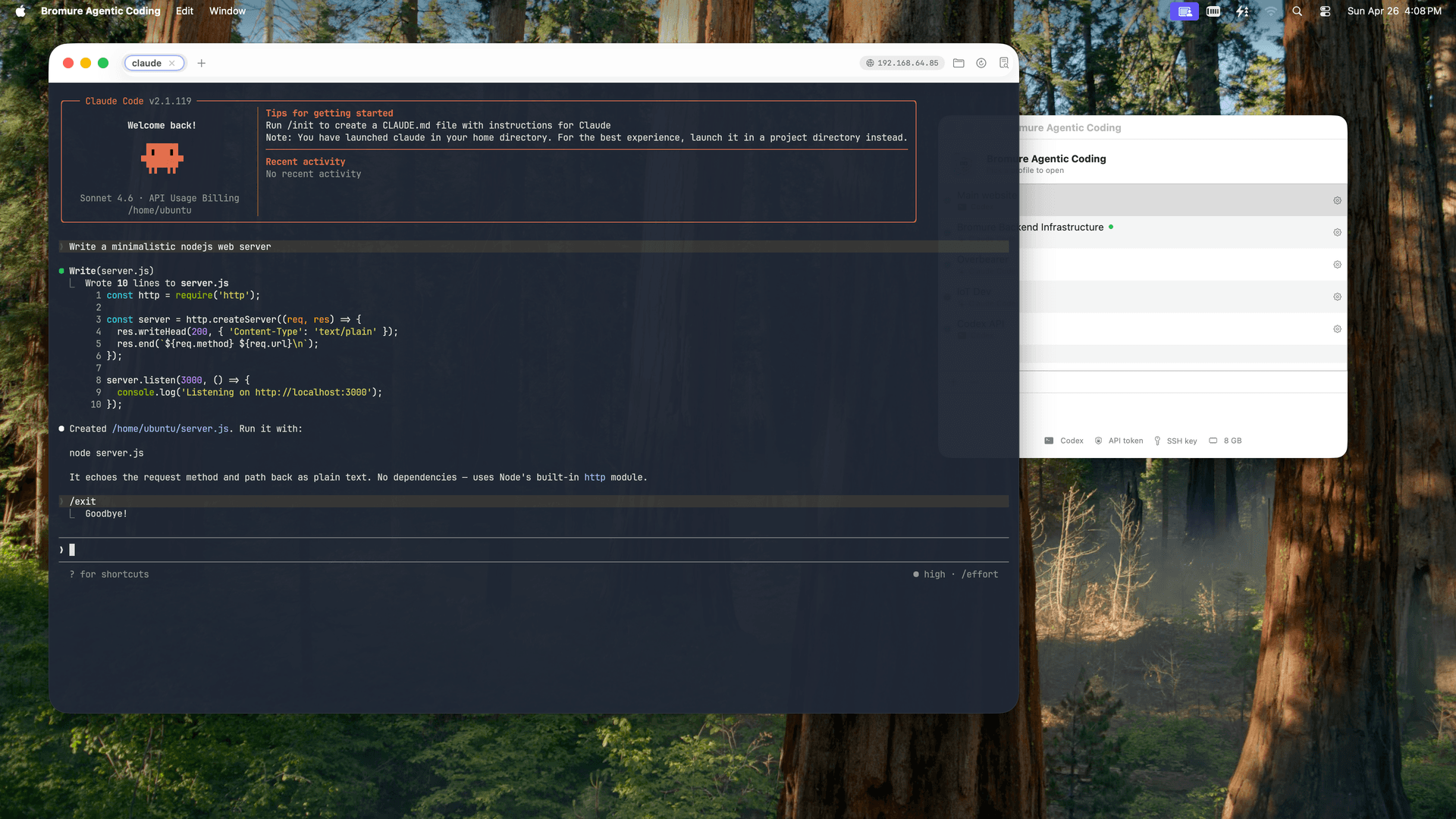 Bromure Agentic Coding running Claude in an isolated VM with the Trace Inspector