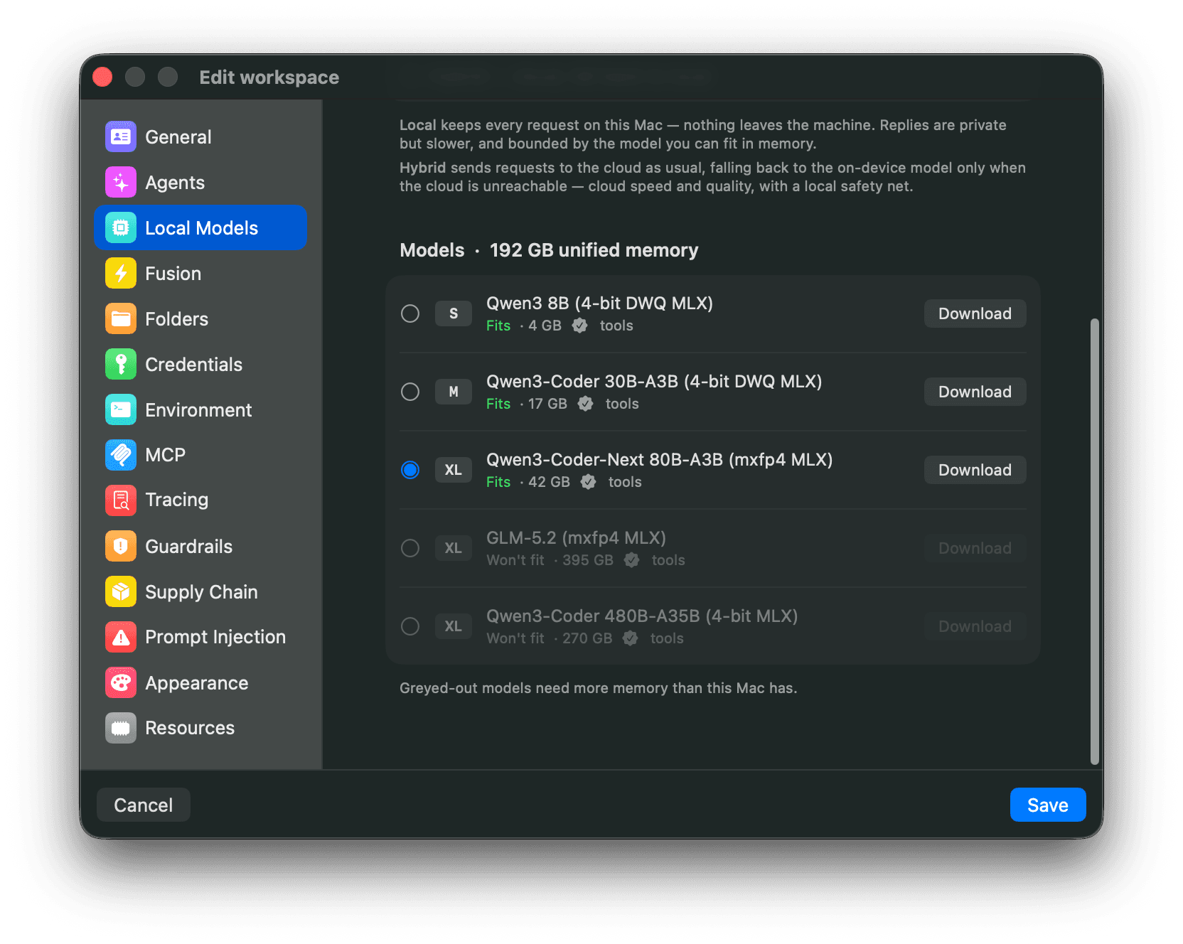 Bromure Agentic Coding Local Models panel: pick fully local or hybrid, and choose an on-device model sized to fit this Mac's unified memory