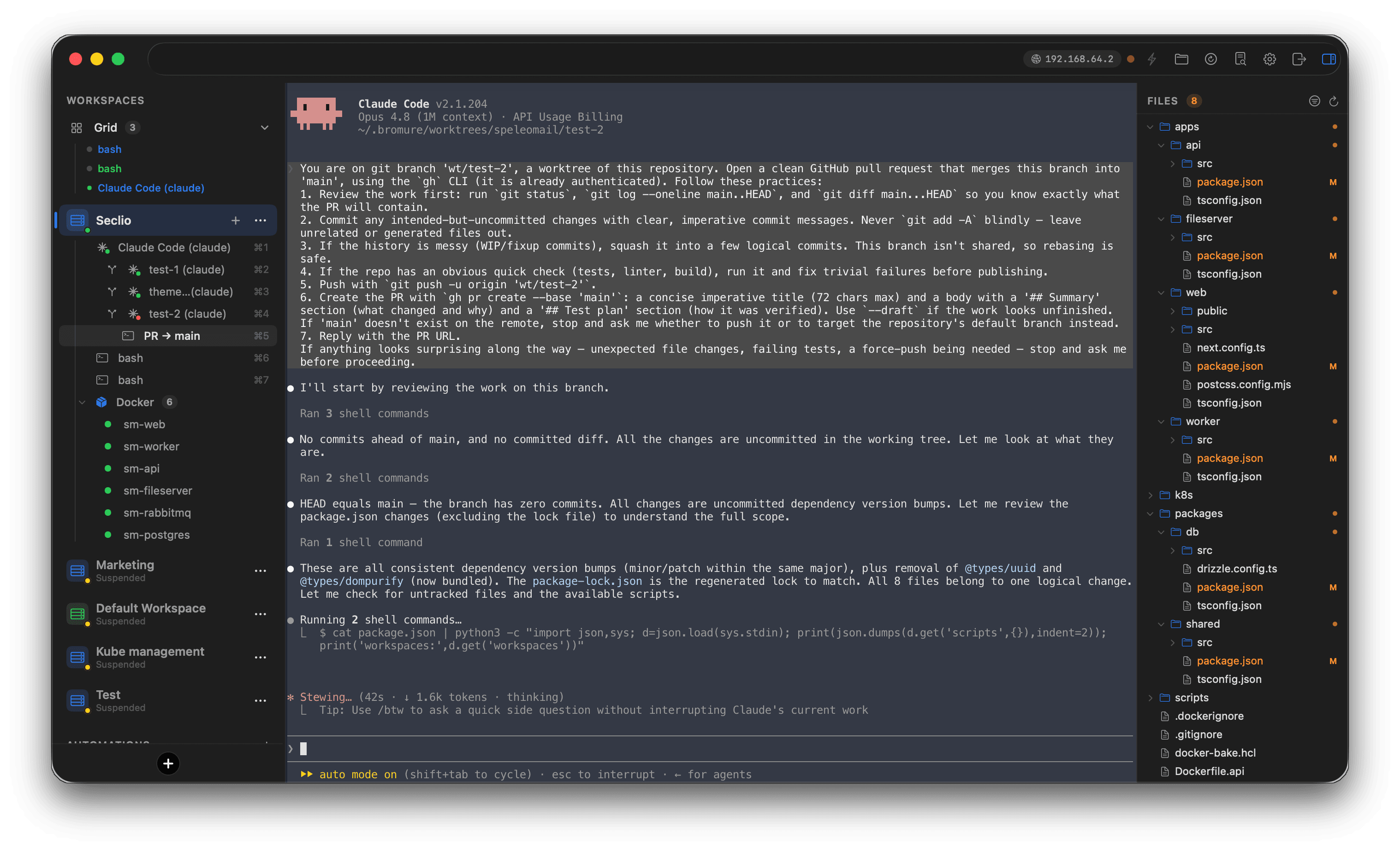 Bromure Agentic Coding's unified window: every workspace in one place, a Claude Code session opening a pull request from a worktree, with the workspace's files alongside