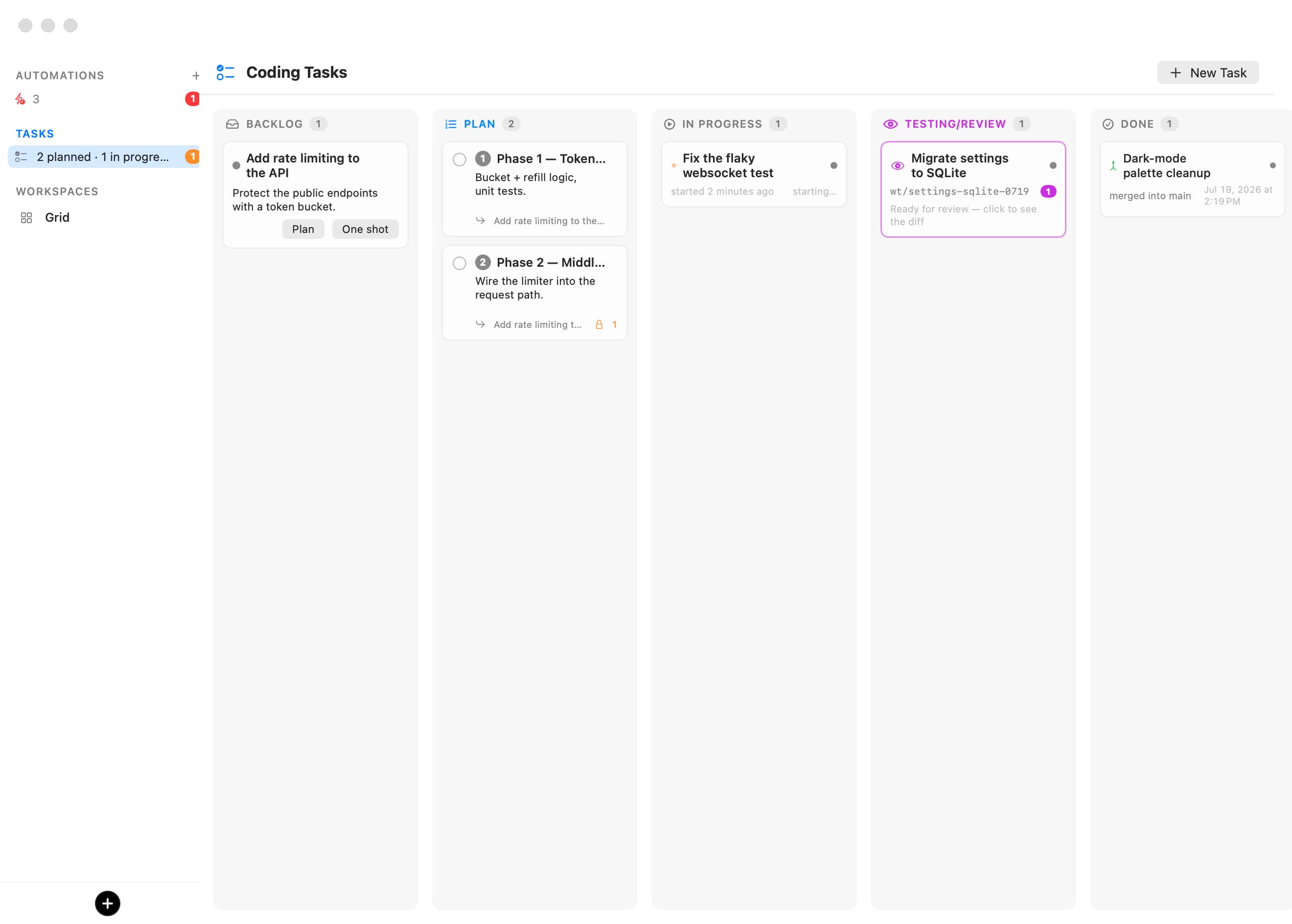 Bromure Agentic Coding coding-tasks board: Backlog, Plan, In Progress, Testing/Review, and Done columns with task cards moving from a written brief to a merged diff