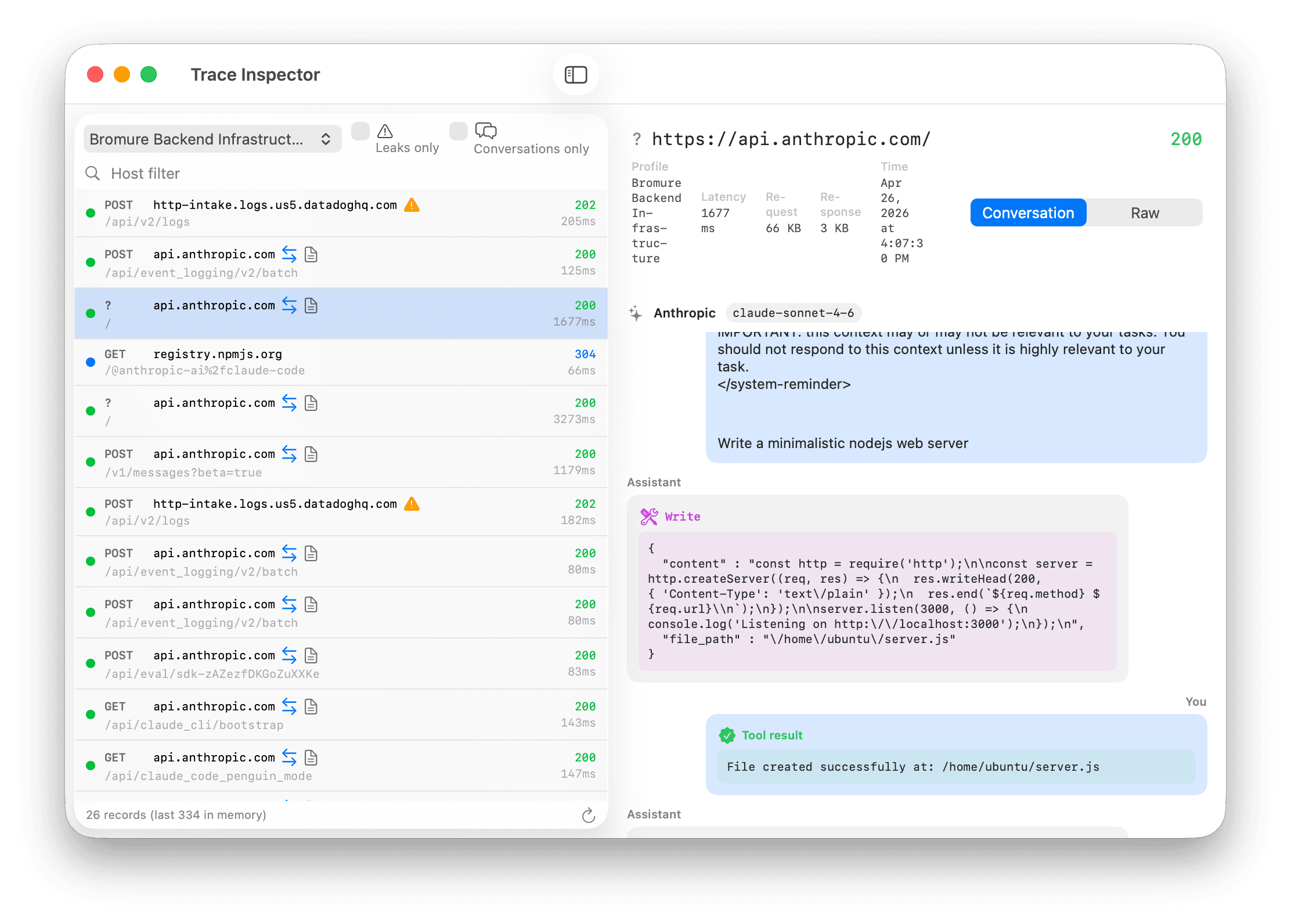 Bromure Trace Inspector showing every API call made by the agent