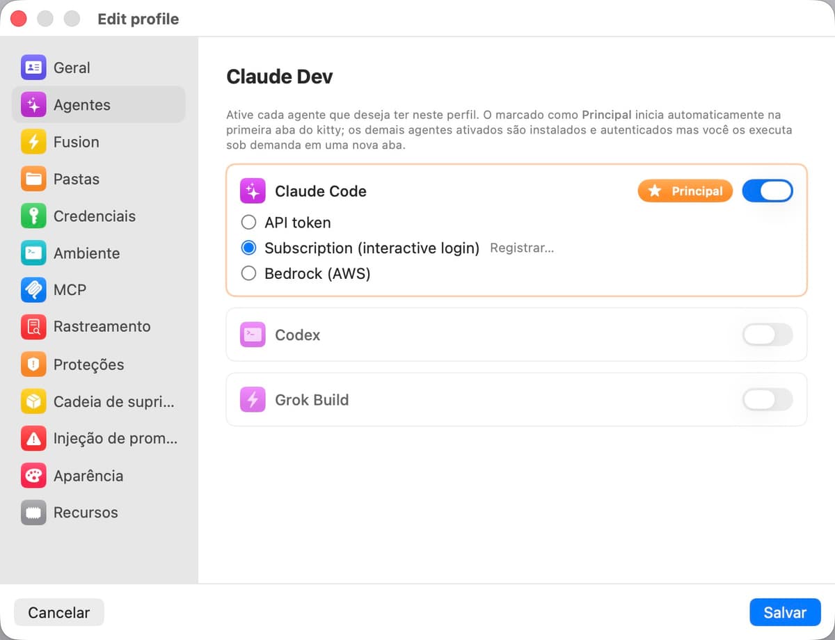 Painel de configurações do agente