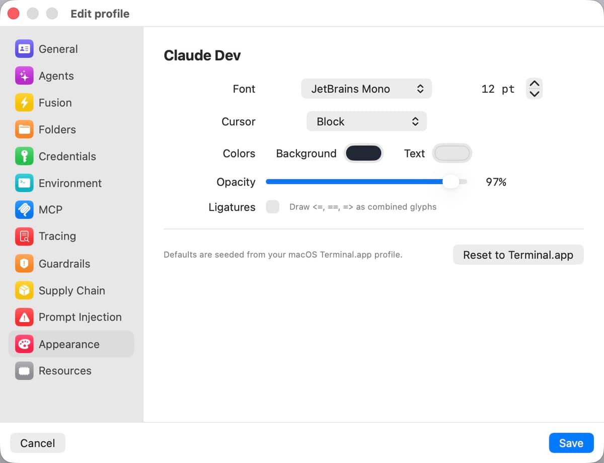 Appearance settings panel