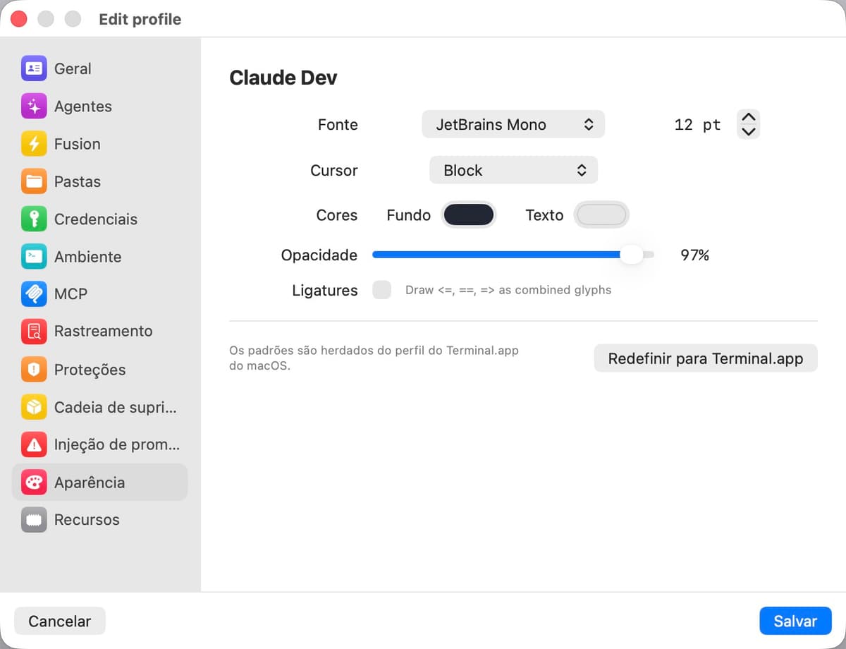 Painel de configurações de aparência