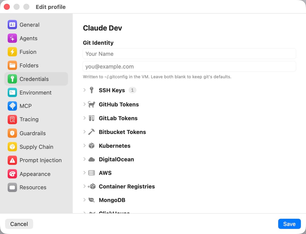 Credentials settings panel