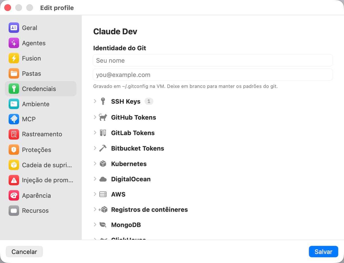 Painel de configurações de credenciais
