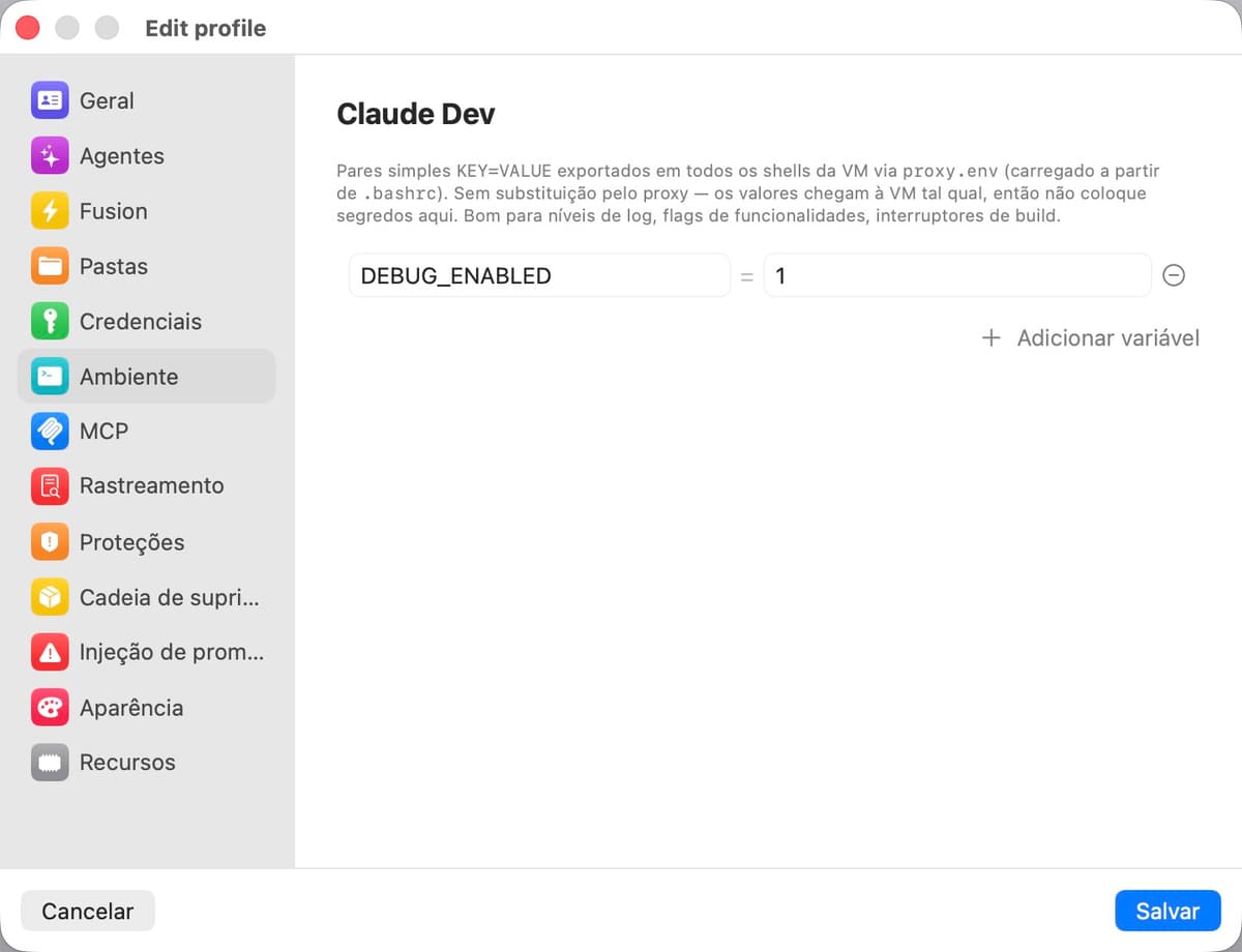 Painel de configurações de ambiente