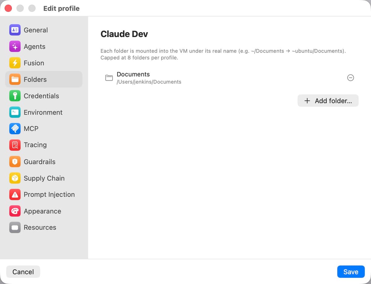 Folders settings panel