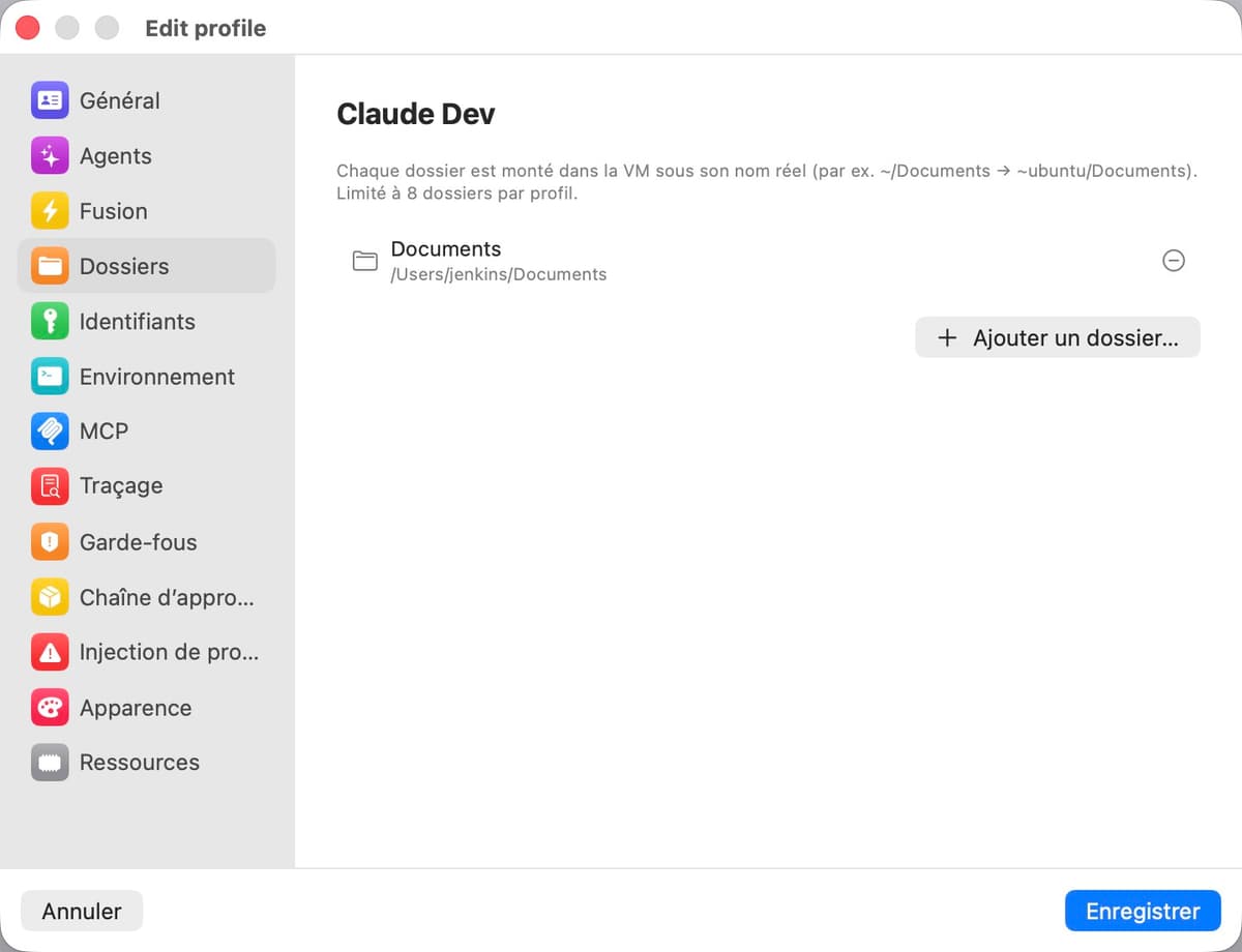 Panneau des paramètres de dossiers