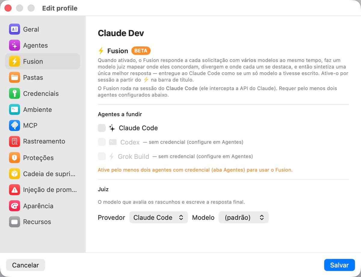 Painel de configurações de Fusion