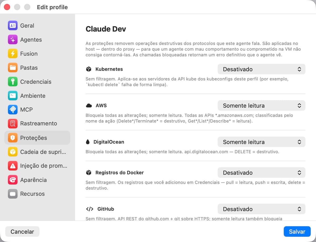 Painel de configurações de Guardrails