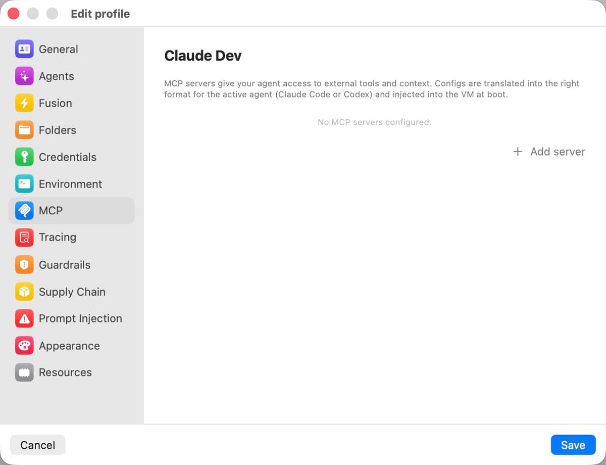 MCP settings panel