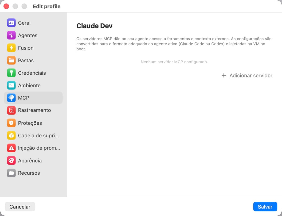 Painel de configurações de MCP
