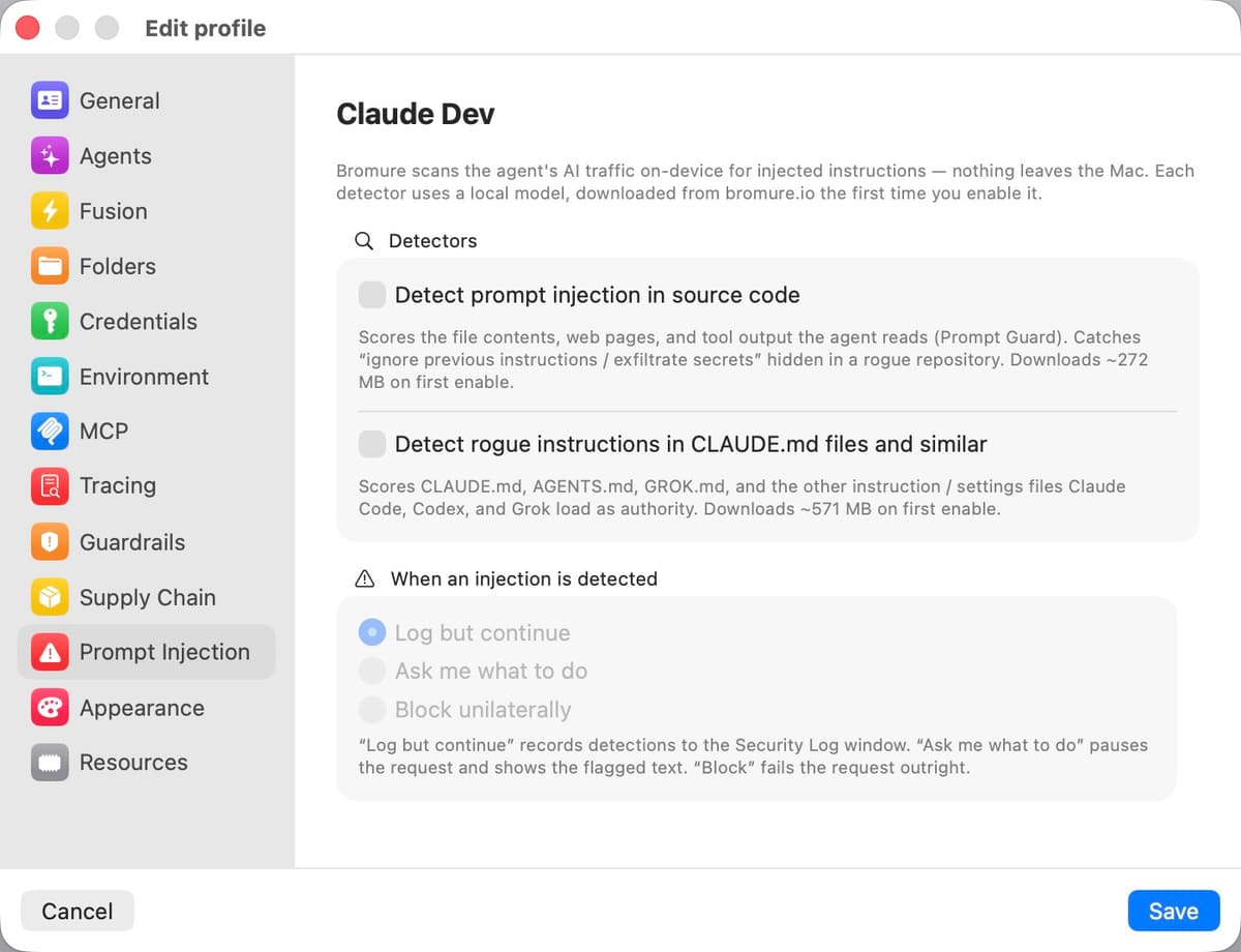 Prompt Injection settings panel