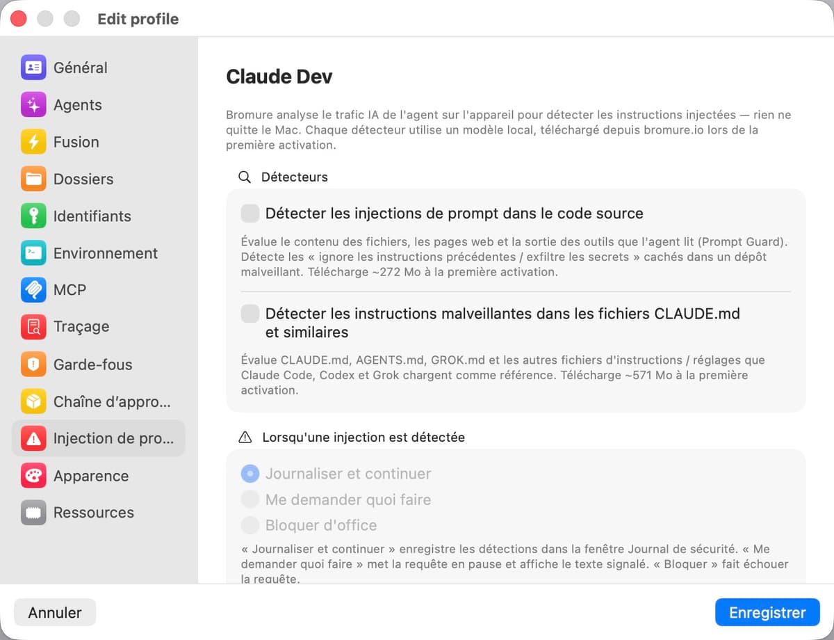 Panneau des paramètres Injection de prompt