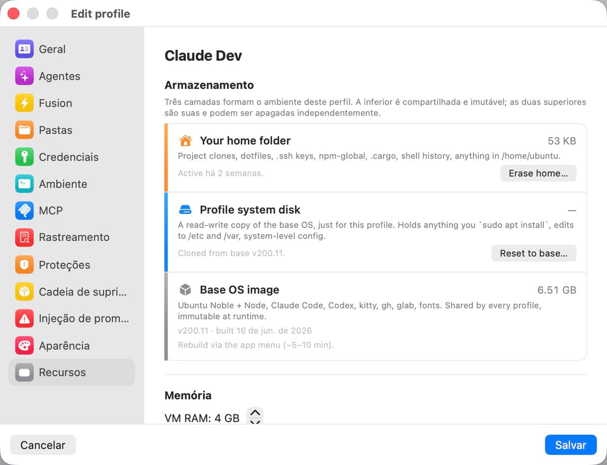 Painel de configurações de recursos