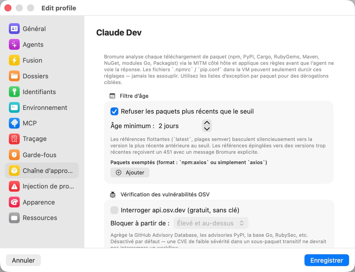 Panneau des paramètres Supply Chain