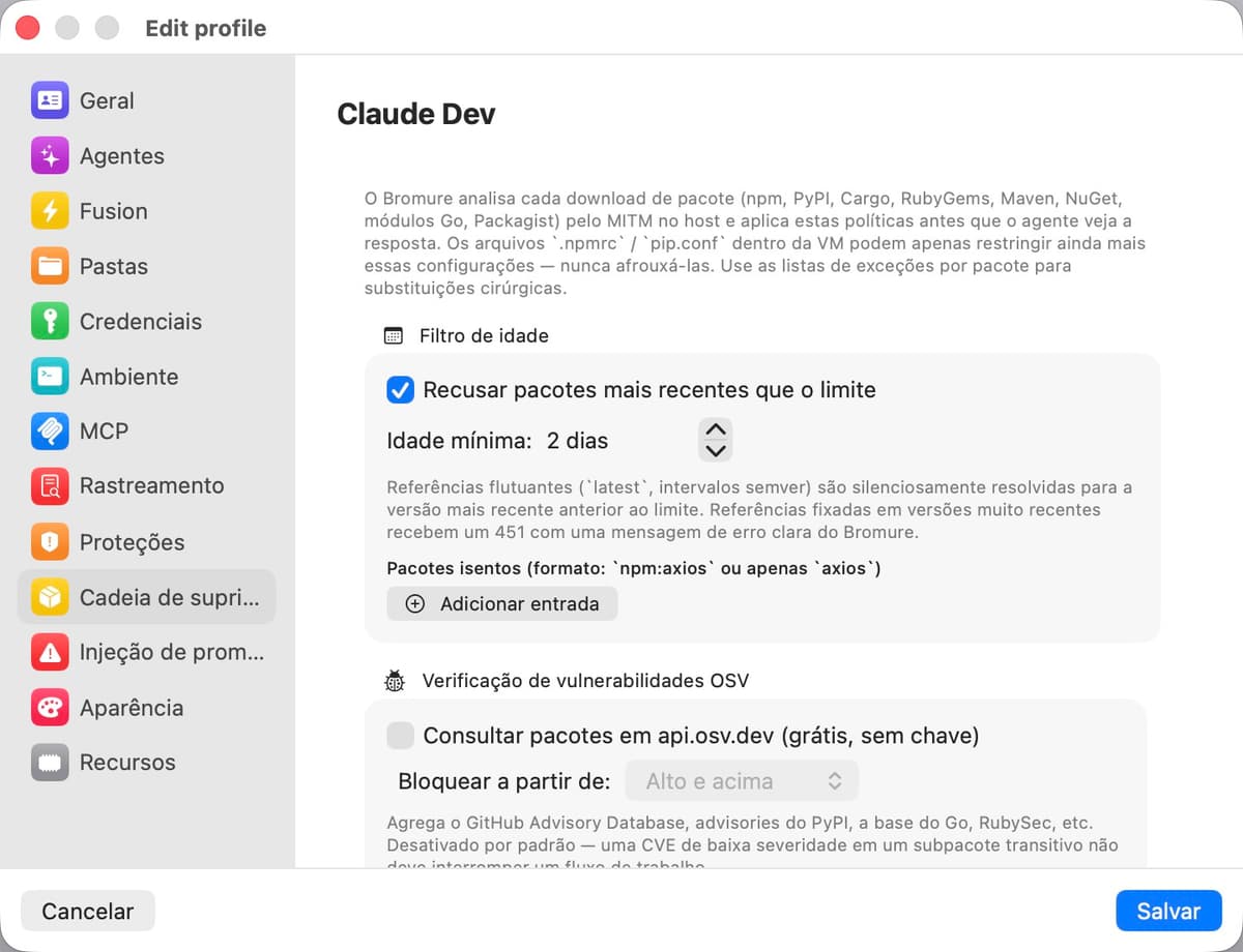 Painel de configurações de Supply Chain
