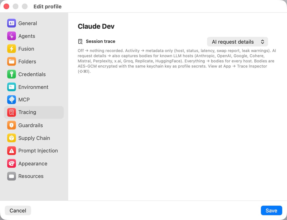 Tracing settings panel