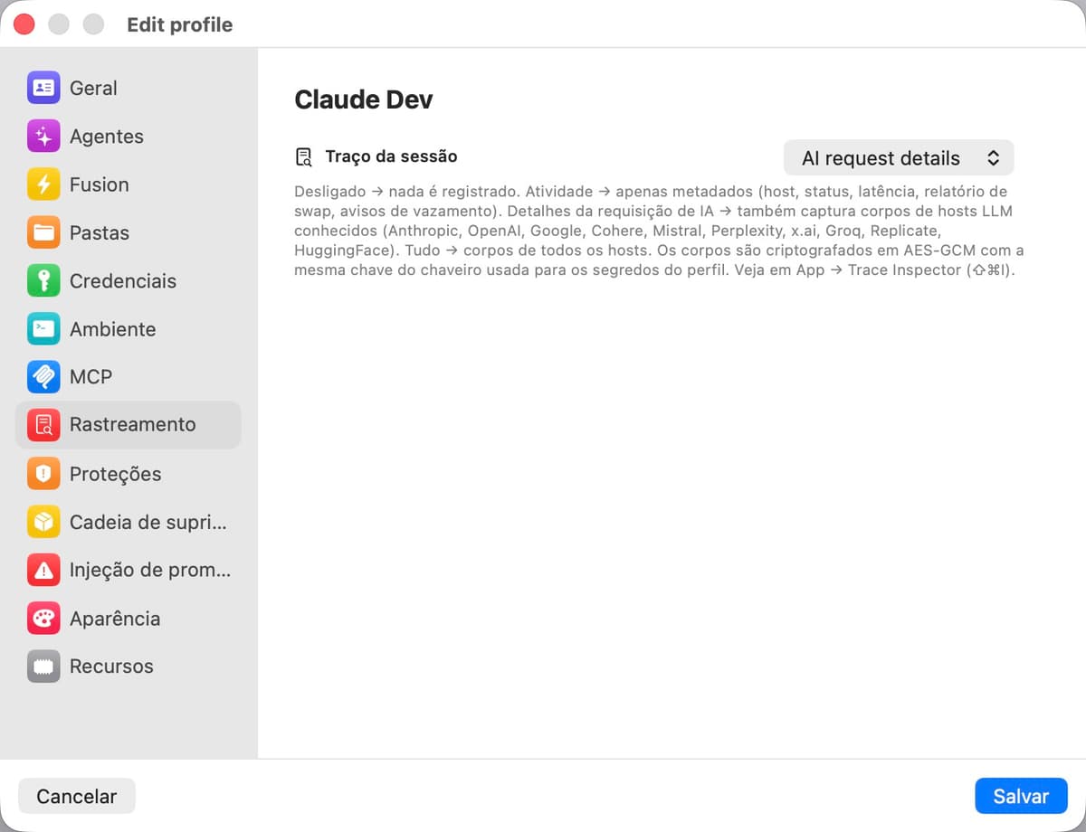 Painel de configurações de rastreamento