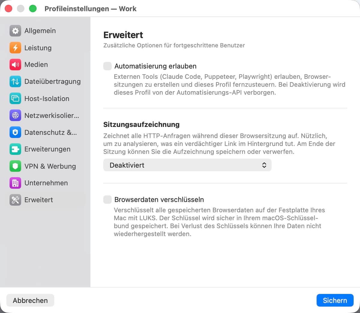 Erweiterte Einstellungen