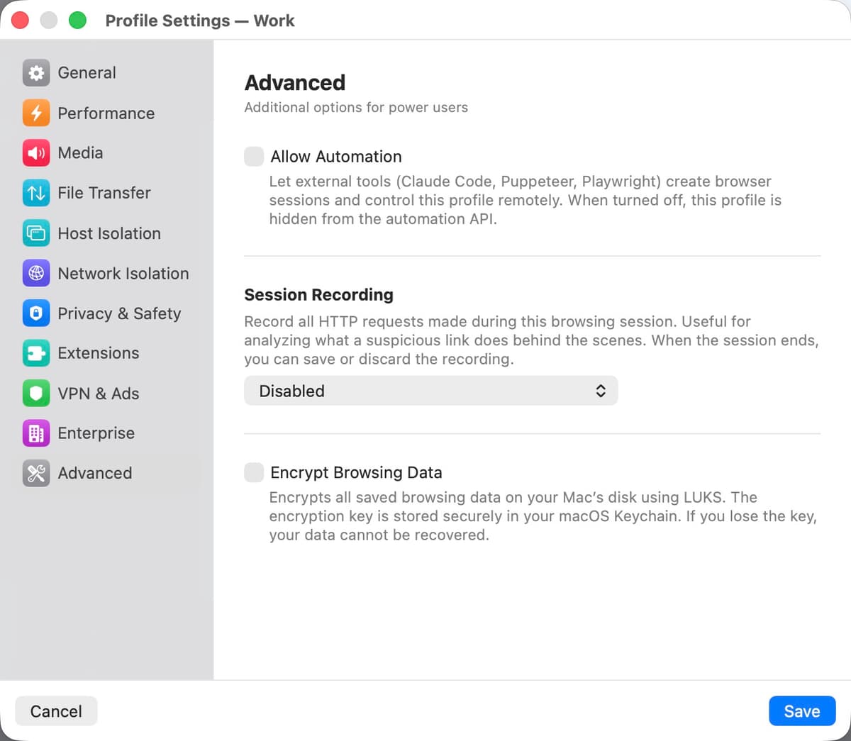 Advanced settings panel