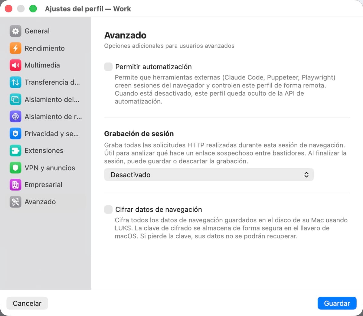 Panel de ajustes avanzados