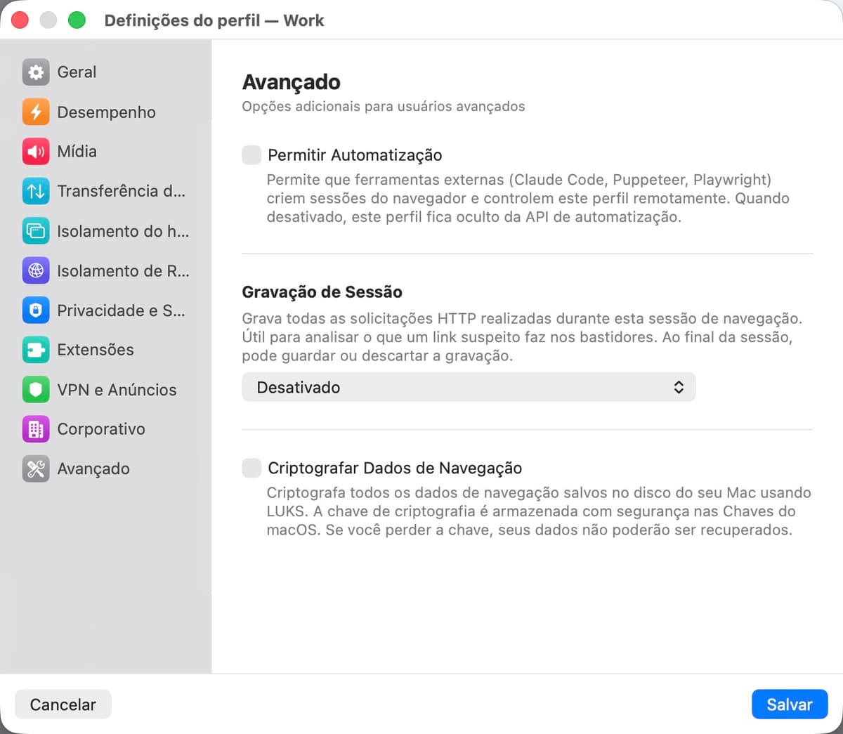 Painel de configurações avançadas
