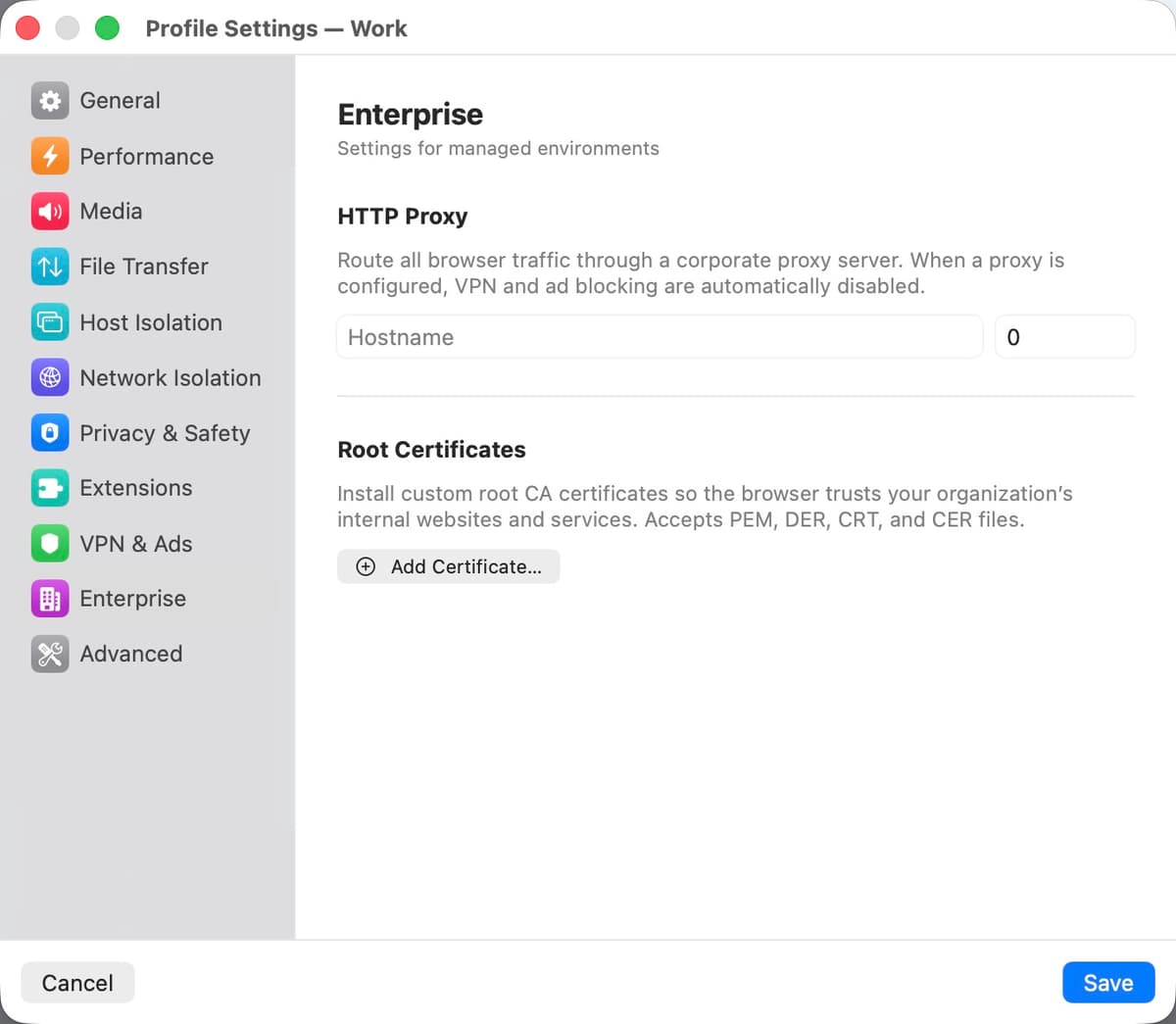Enterprise settings panel
