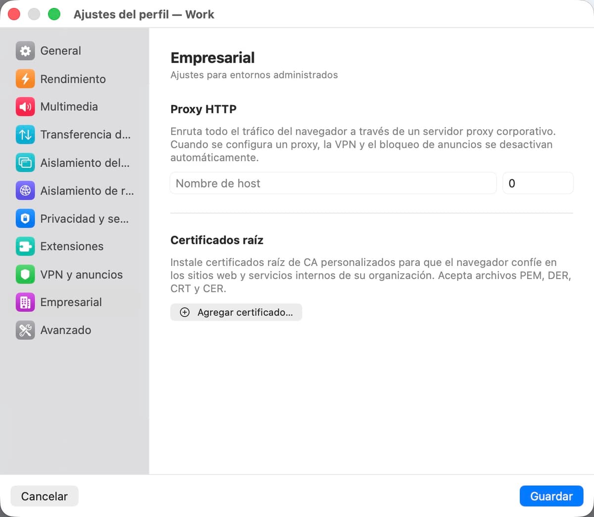 Panel de ajustes de empresa