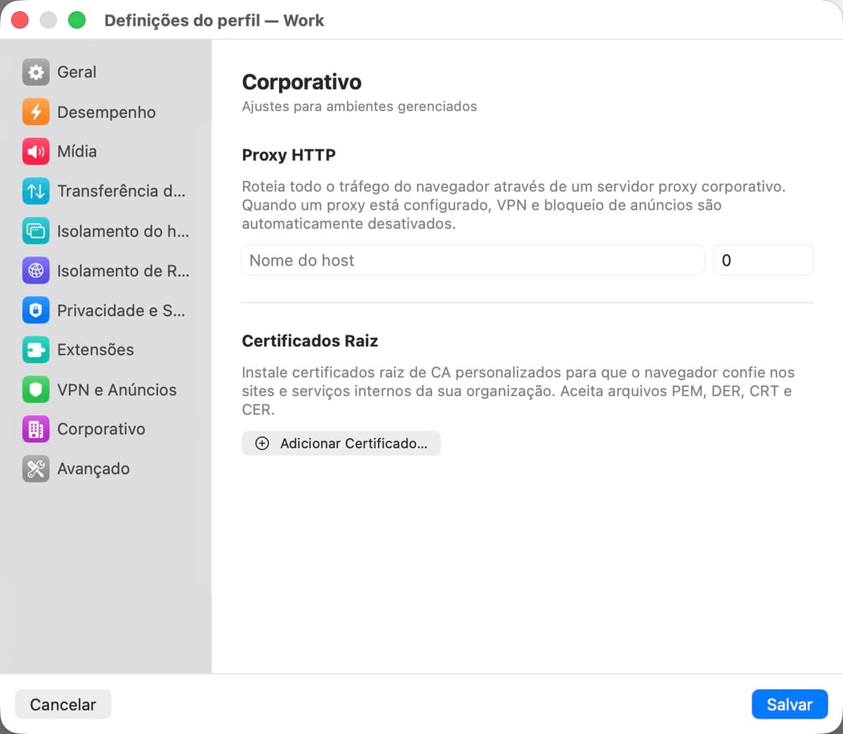 Painel de configurações corporativas