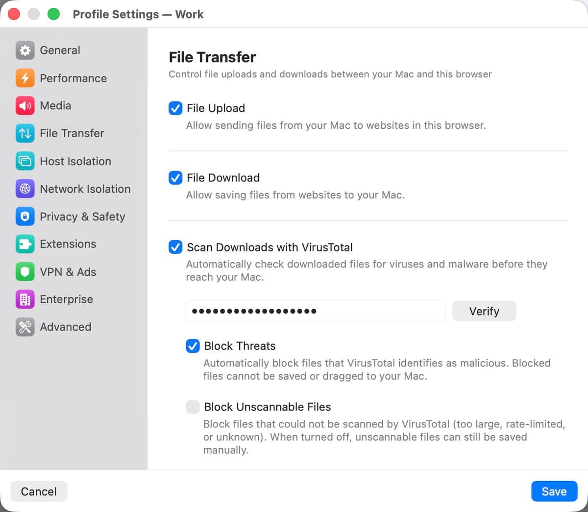 File Transfer settings panel