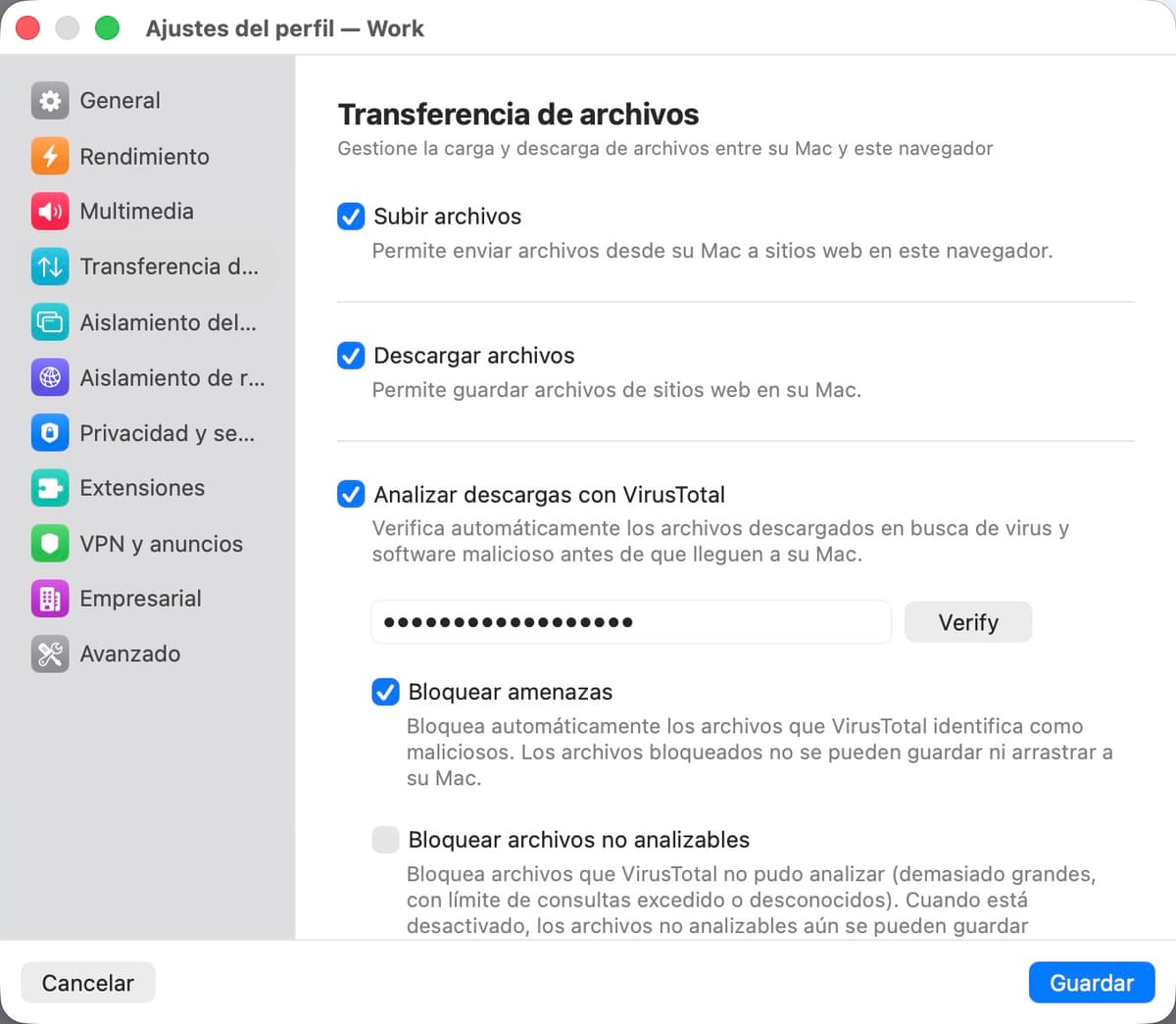 Panel de ajustes de transferencia de archivos