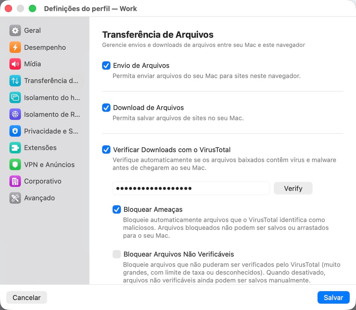 Painel de configurações de transferência de arquivos