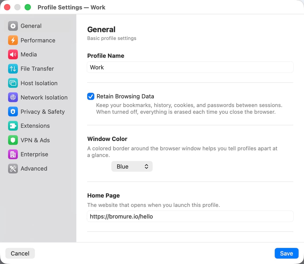 General settings panel