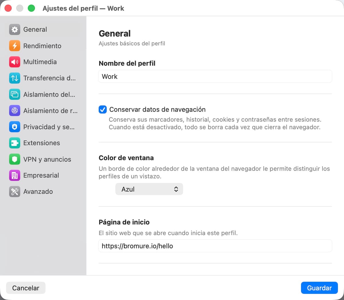 Panel de ajustes generales
