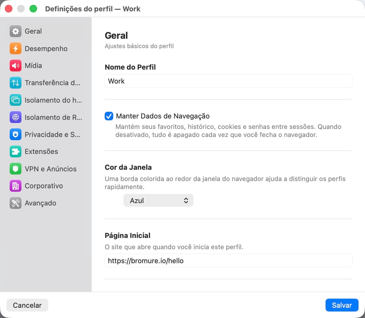 Painel de configurações gerais