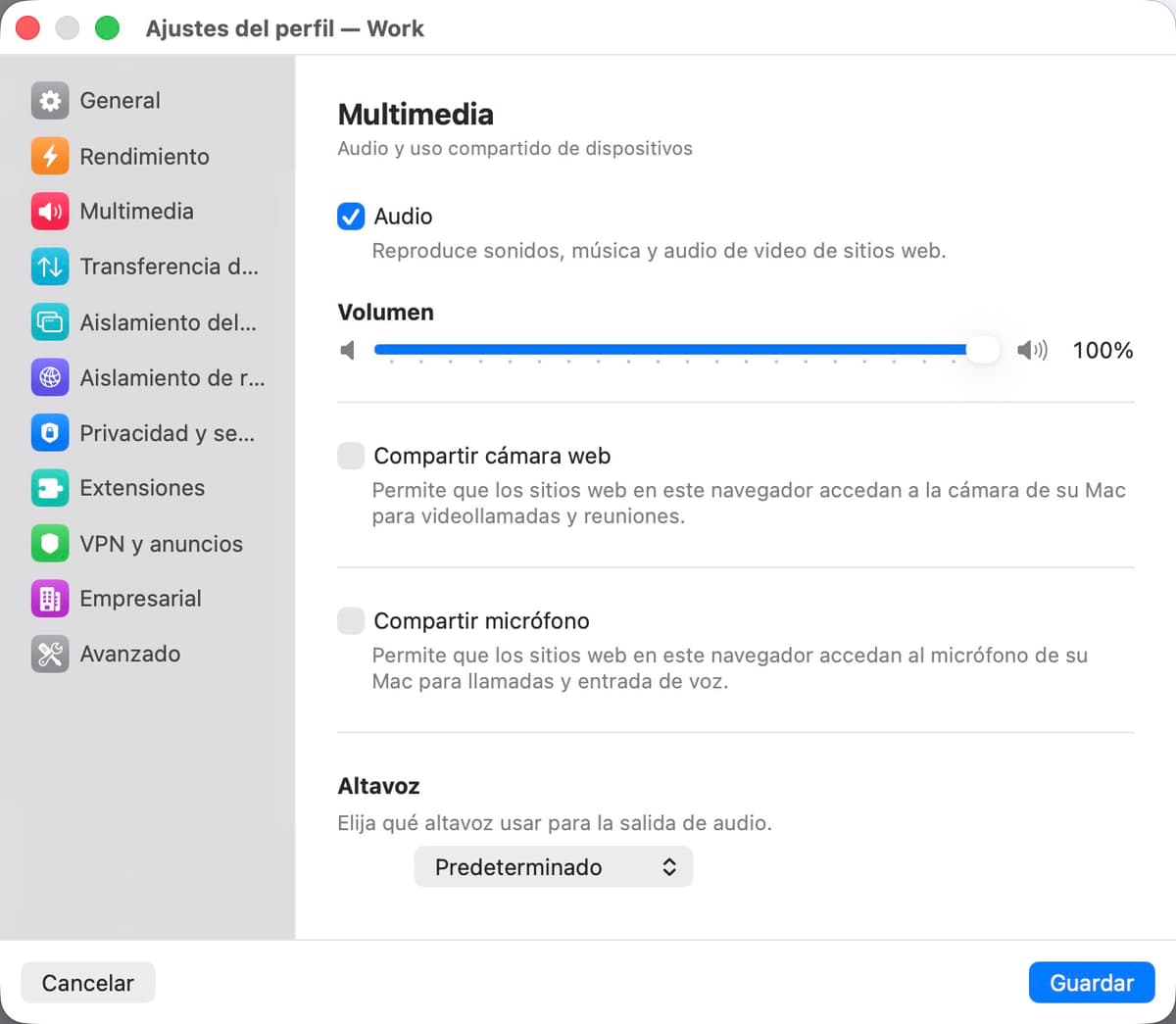 Panel de ajustes de medios
