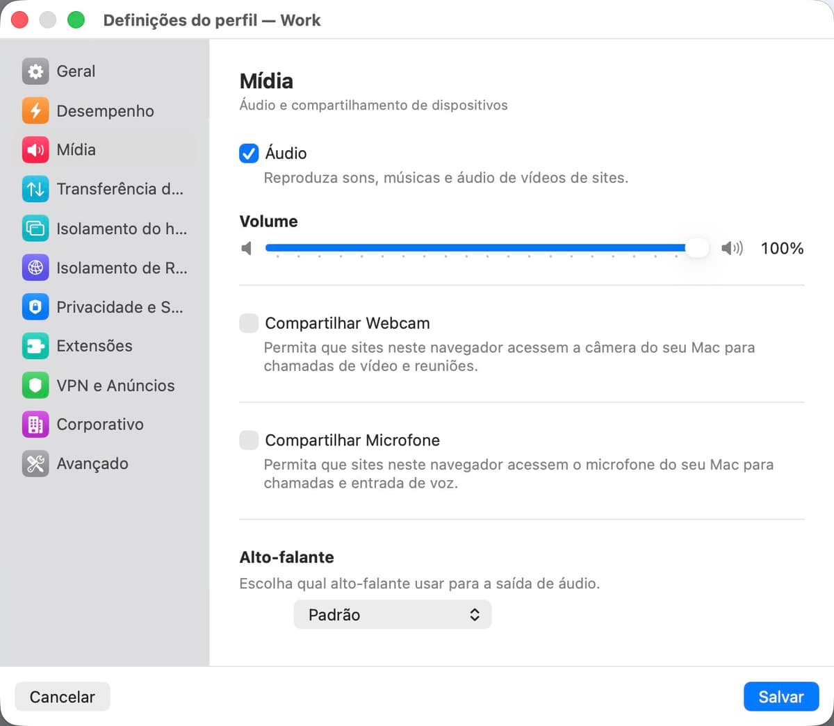 Painel de configurações de mídia