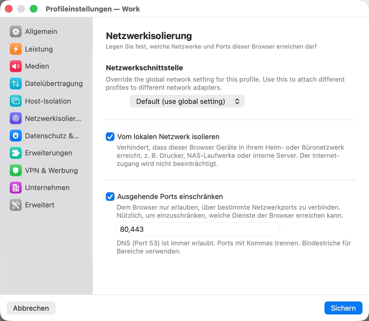 Netzwerkisolierungseinstellungen
